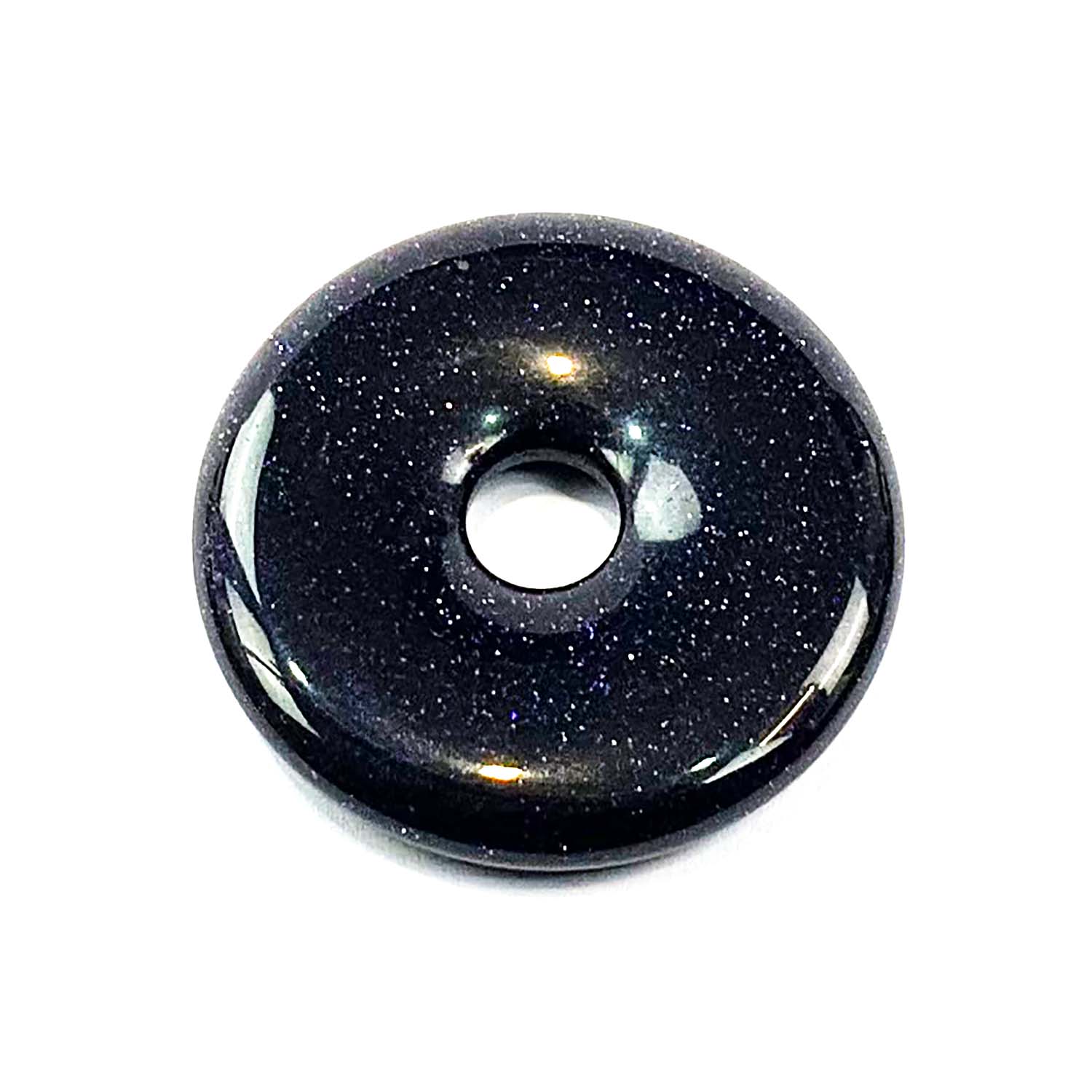 Blue Goldstone Munay Ki Pi Donut by GeoFossils – smooth, dark blue circular stone with sparkling flecks, perfect for protection, self-expression, and connecting with the Throat and Third Eye Chakras in Andean spiritual practices.