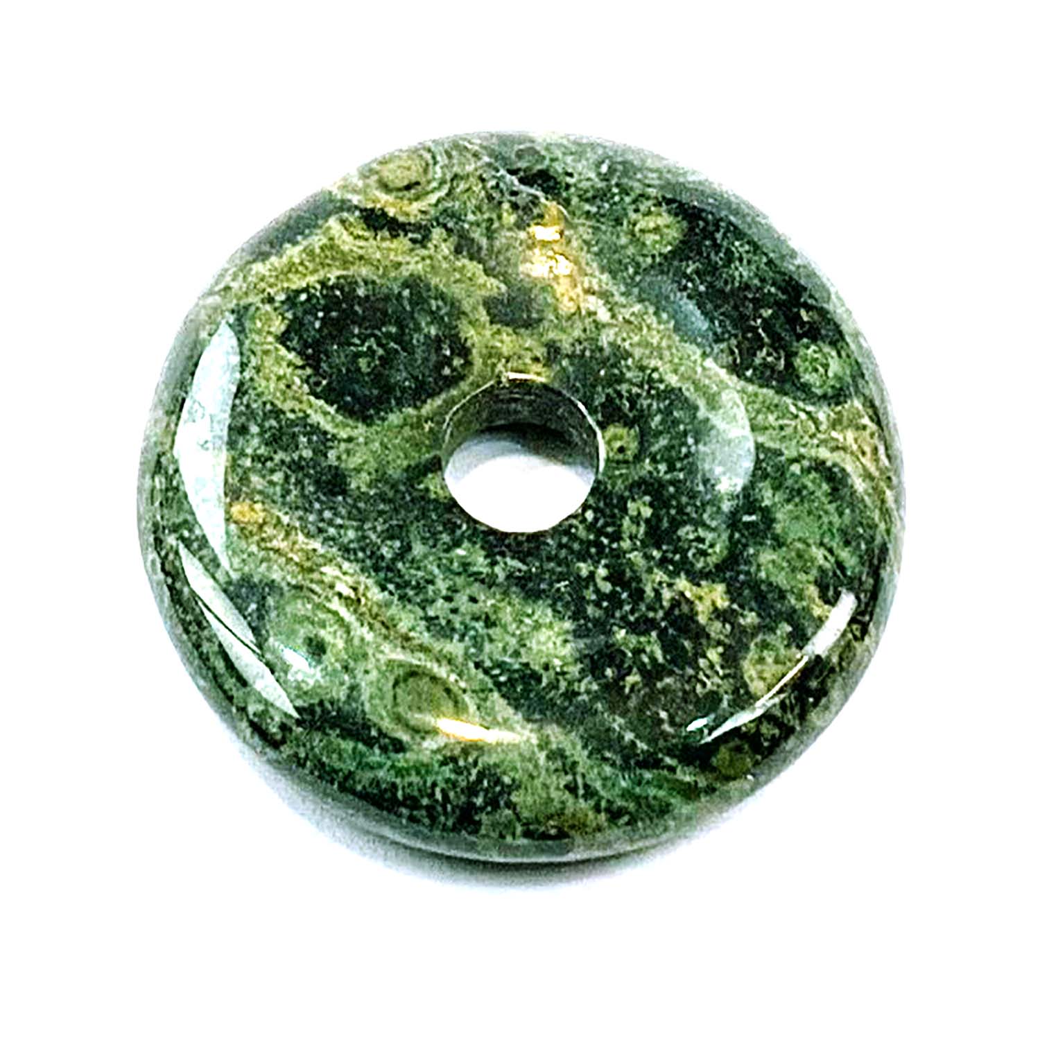 Kambaba Jasper Munay Ki Pi Donut by GeoFossils – smooth, green and black circular stone with swirling patterns, perfect for grounding, emotional balance, and connecting with the Heart and Root Chakras in Andean spiritual practices.