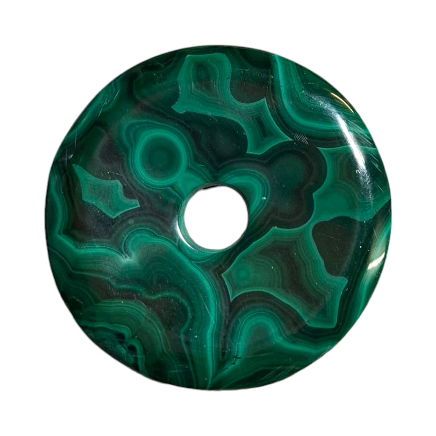 Malachite Munay Ki Pi Donut by GeoFossils – smooth, green circular stone with natural swirling patterns, perfect for transformation, protection, and connecting with the Heart and Solar Plexus Chakras in Andean spiritual practices.