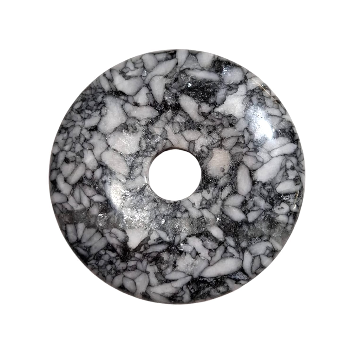 Pinolith (Pinolite) Munay Ki Pi Donut by GeoFossils – smooth, marbled stone with black, white, and grey patterns, perfect for grounding, emotional healing, and connecting with the Root and Crown Chakras in Andean spiritual practices.