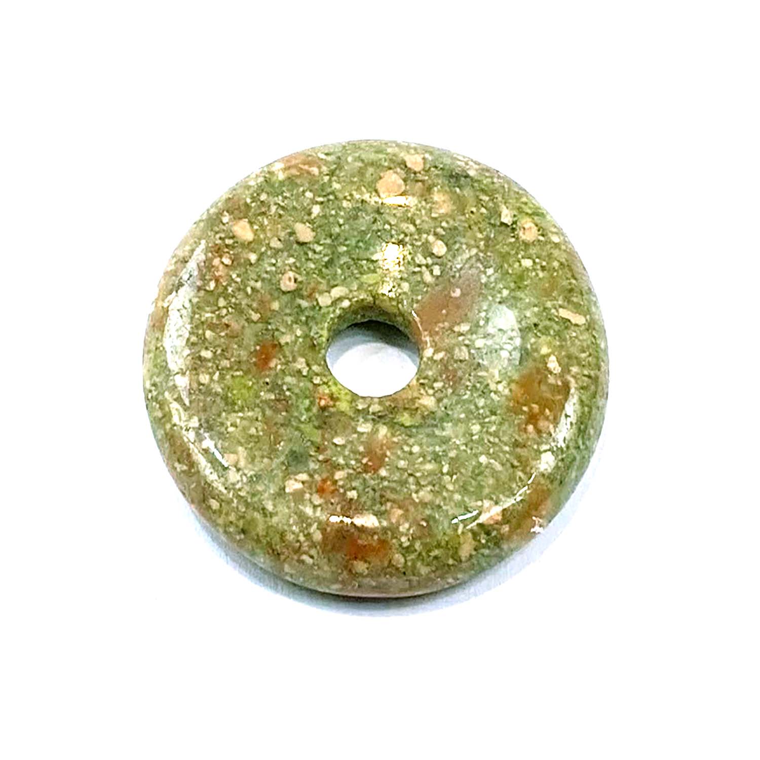 Rainforest Rhyolite Munay Ki Pi Donut by GeoFossils – smooth, green and brown stone with earthy patterns, perfect for grounding, emotional healing, and connecting with the Heart Chakra in Andean spiritual practices.