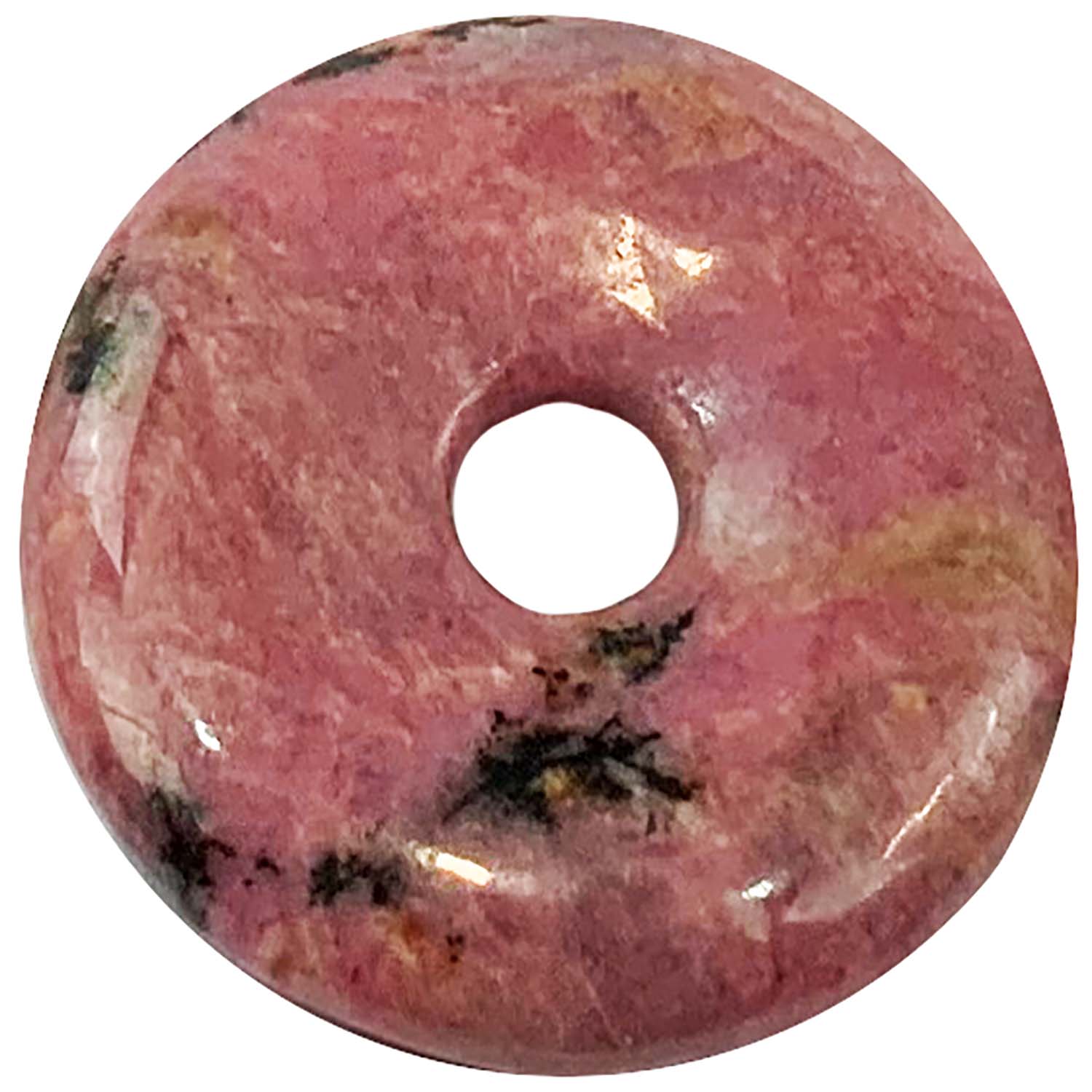 Rhodonite Munay Ki Pi Donut by GeoFossils – smooth, pink and black stone with natural patterns, perfect for compassion, emotional healing, and connecting with the Heart Chakra in Andean spiritual practices.