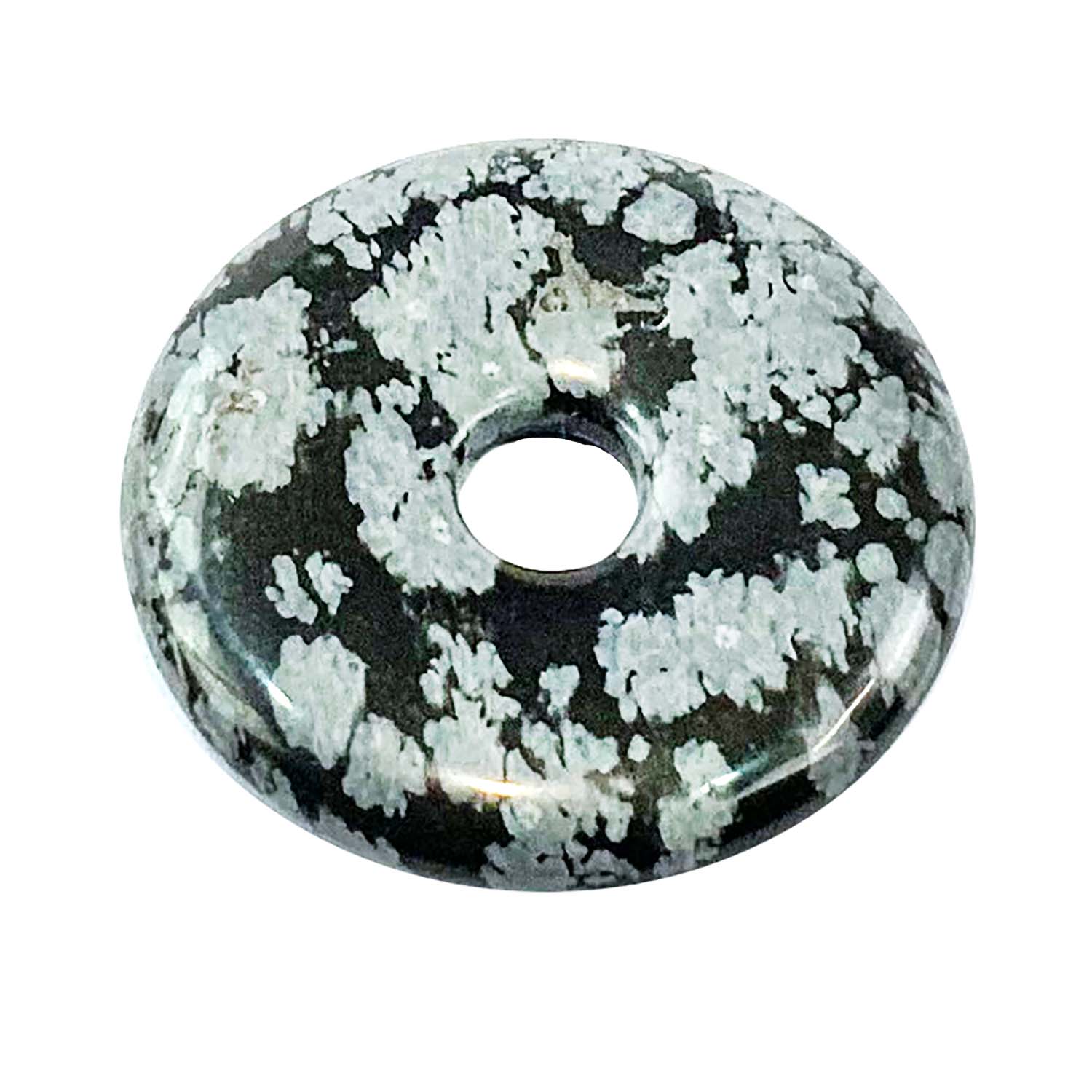 Snowflake Obsidian Munay Ki Pi Donut by GeoFossils – smooth, black stone with distinctive white snowflake patterns, perfect for grounding, protection, and connecting with the Root Chakra in Andean spiritual practices.