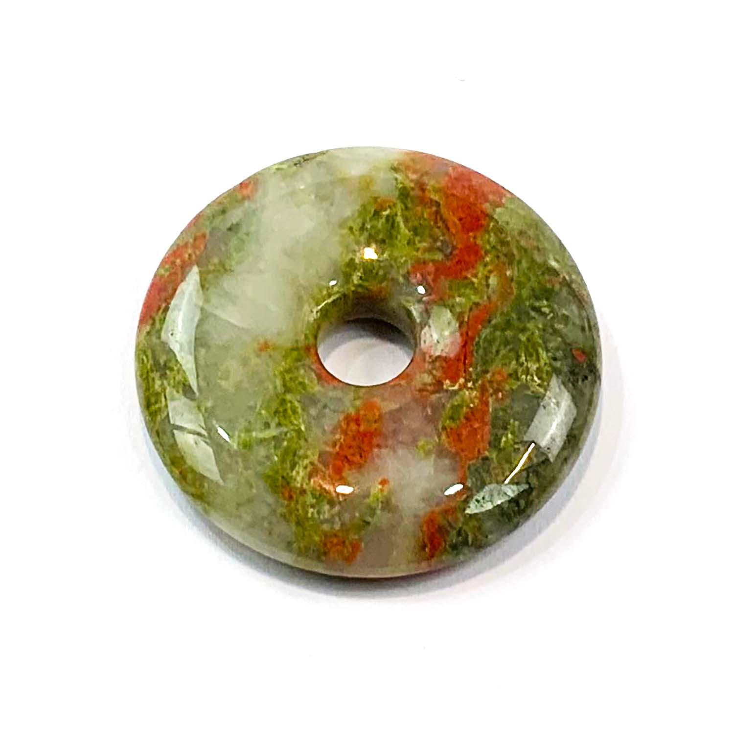 Unakite Munay Ki Pi Donut by GeoFossils – smooth, green and pink stone, perfect for emotional healing, grounding, and connecting with the Heart Chakra in Andean spiritual practices.