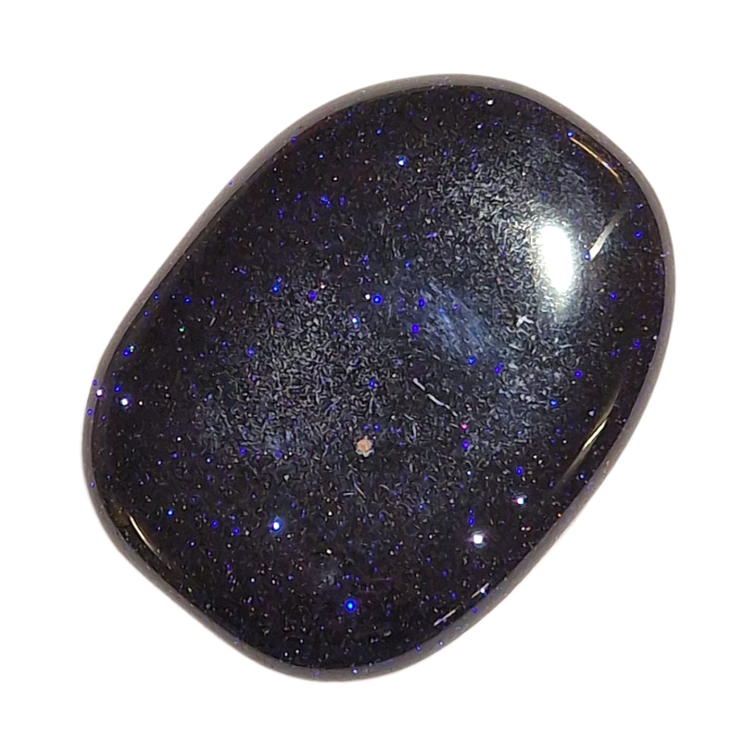 Blue Goldstone Medium Oval – a deep blue crystal with sparkling copper flecks, known for enhancing ambition, confidence, and creativity. Ideal for motivation and personal growth.