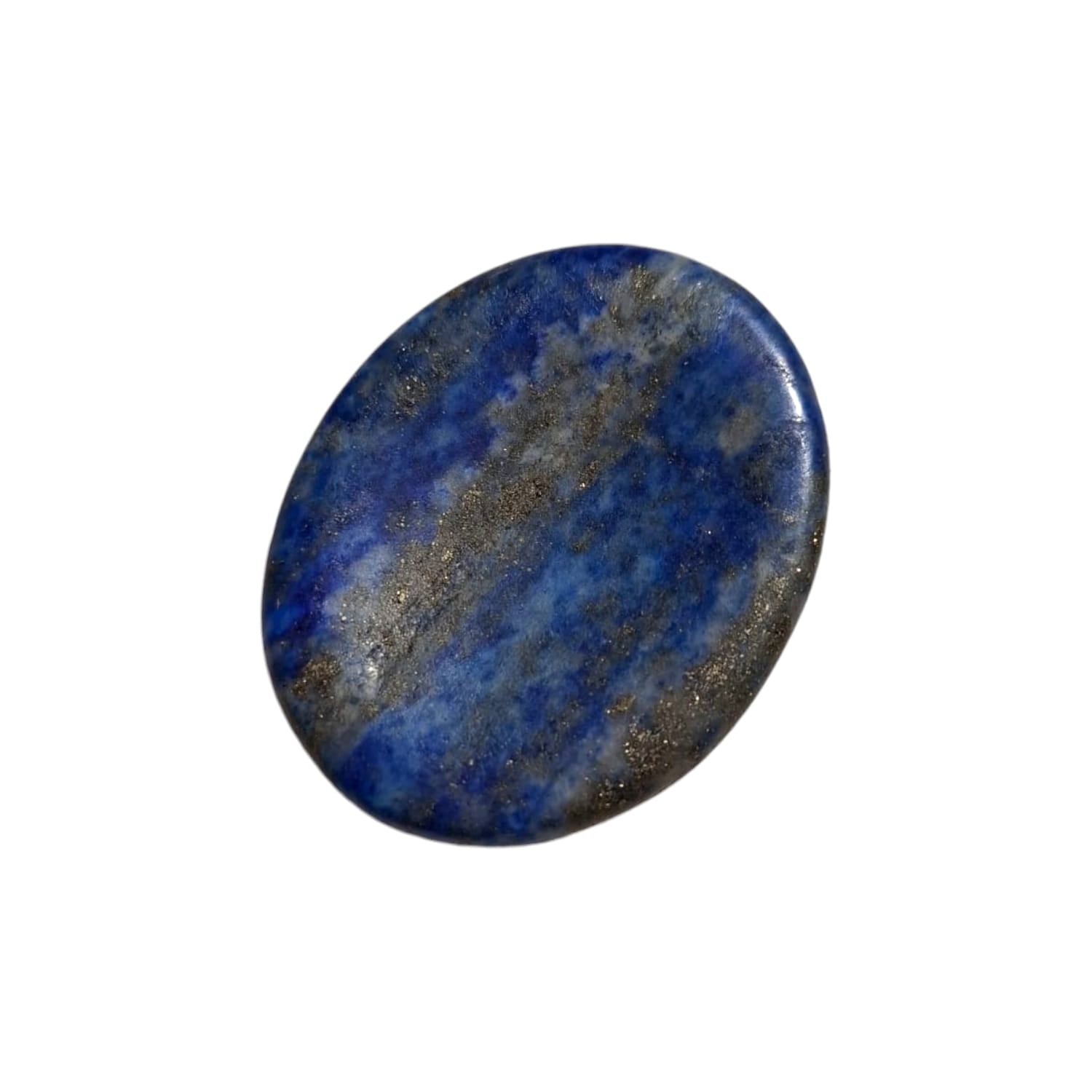 Lapis Lazuli Worry Stone by GeoFossils – smooth, oval-shaped blue stone with golden flecks, perfect for enhancing intuition, communication, and connecting with the Throat and Third Eye Chakras, associated with the Air element