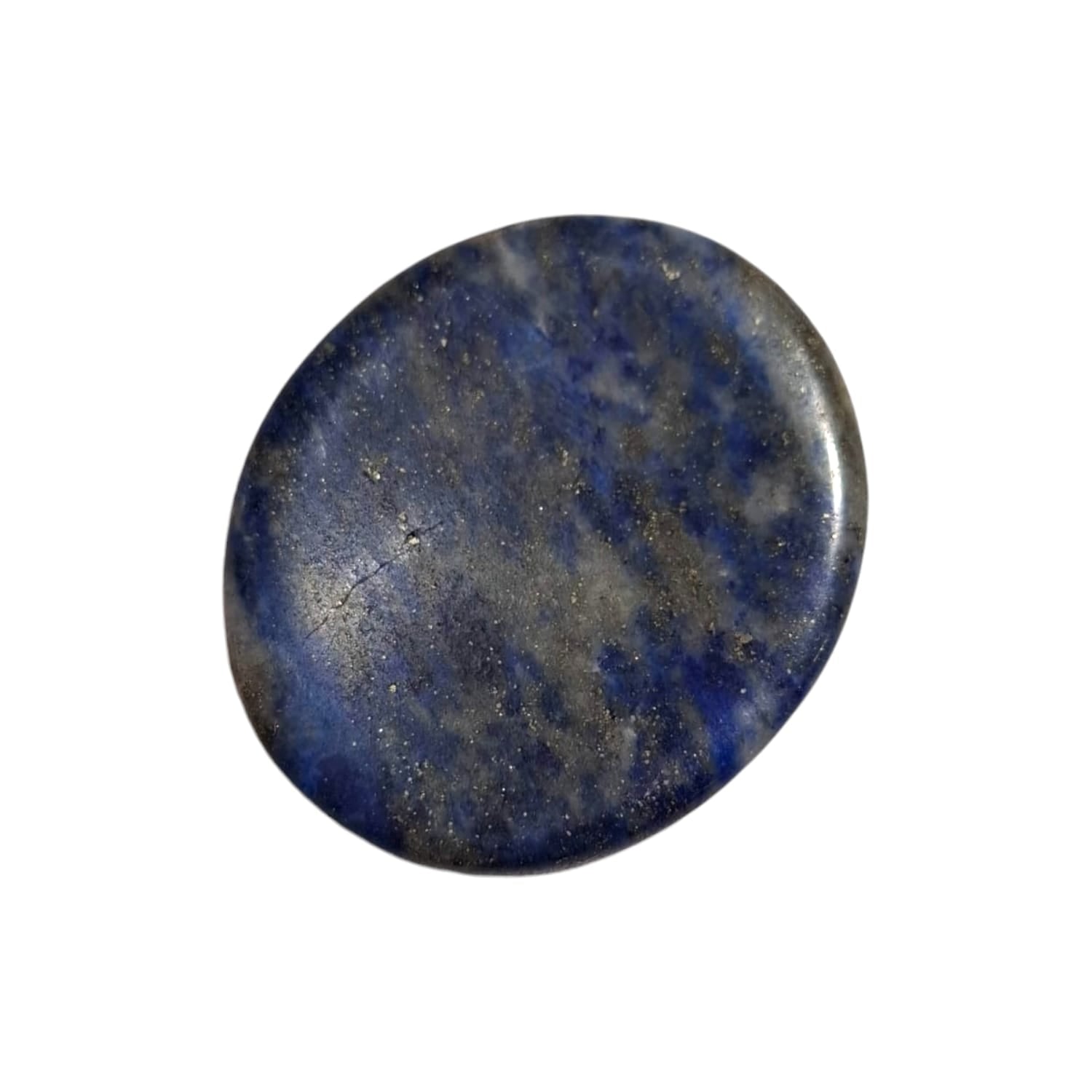 Lapis Lazuli Worry Stone by GeoFossils – smooth, oval-shaped blue stone with golden flecks, perfect for enhancing intuition, communication, and connecting with the Throat and Third Eye Chakras, associated with the Air element