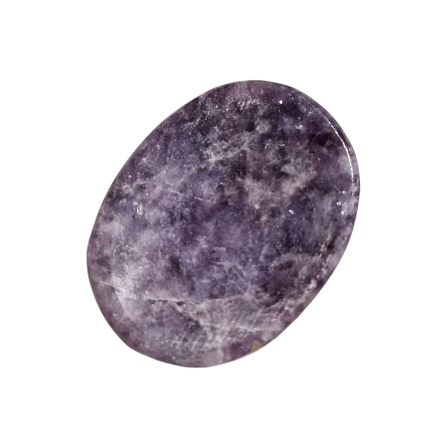 Lepidolite Worry Stone by GeoFossils – smooth, oval lavender stone, perfect for calming, emotional healing, and connecting with the Heart and Crown Chakras, associated with the Water element.