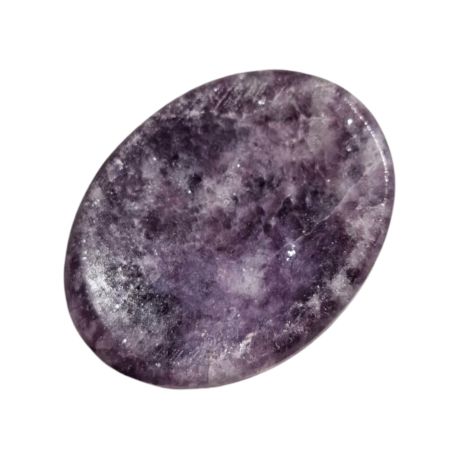 Lepidolite Worry Stone by GeoFossils – smooth, oval lavender stone, perfect for calming, emotional healing, and connecting with the Heart and Crown Chakras, associated with the Water element.