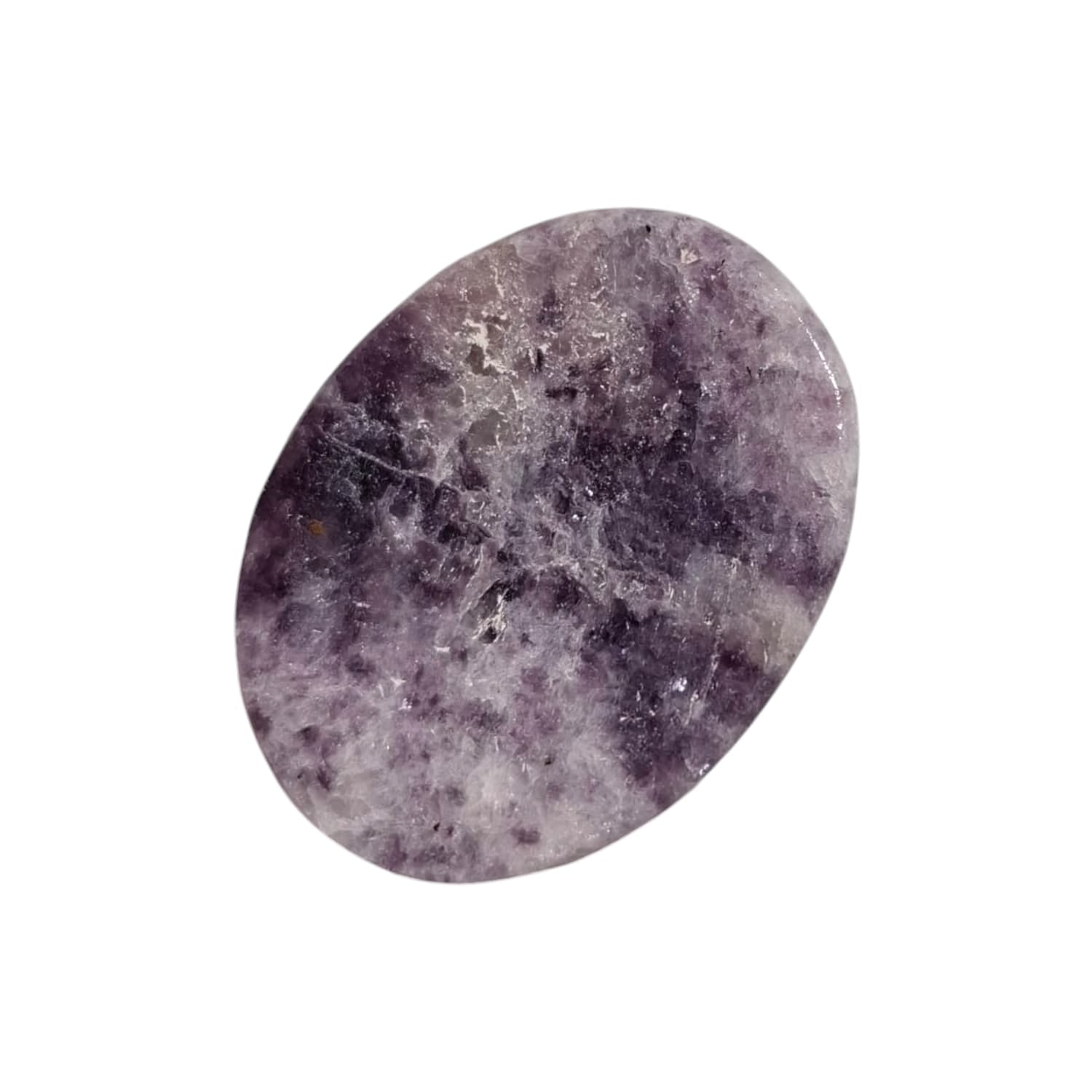 Lepidolite Worry Stone by GeoFossils – smooth, oval lavender stone, perfect for calming, emotional healing, and connecting with the Heart and Crown Chakras, associated with the Water element.