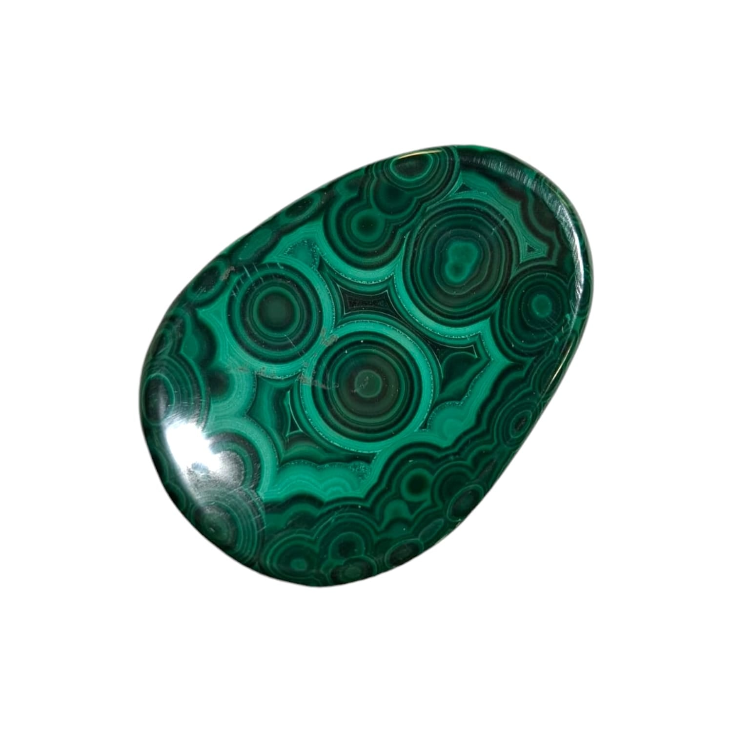 Malachite Worry Stone by GeoFossils – smooth, oval green stone with natural banding, perfect for protection, heart-centred healing, and connecting with the Heart Chakra, associated with the Earth element.