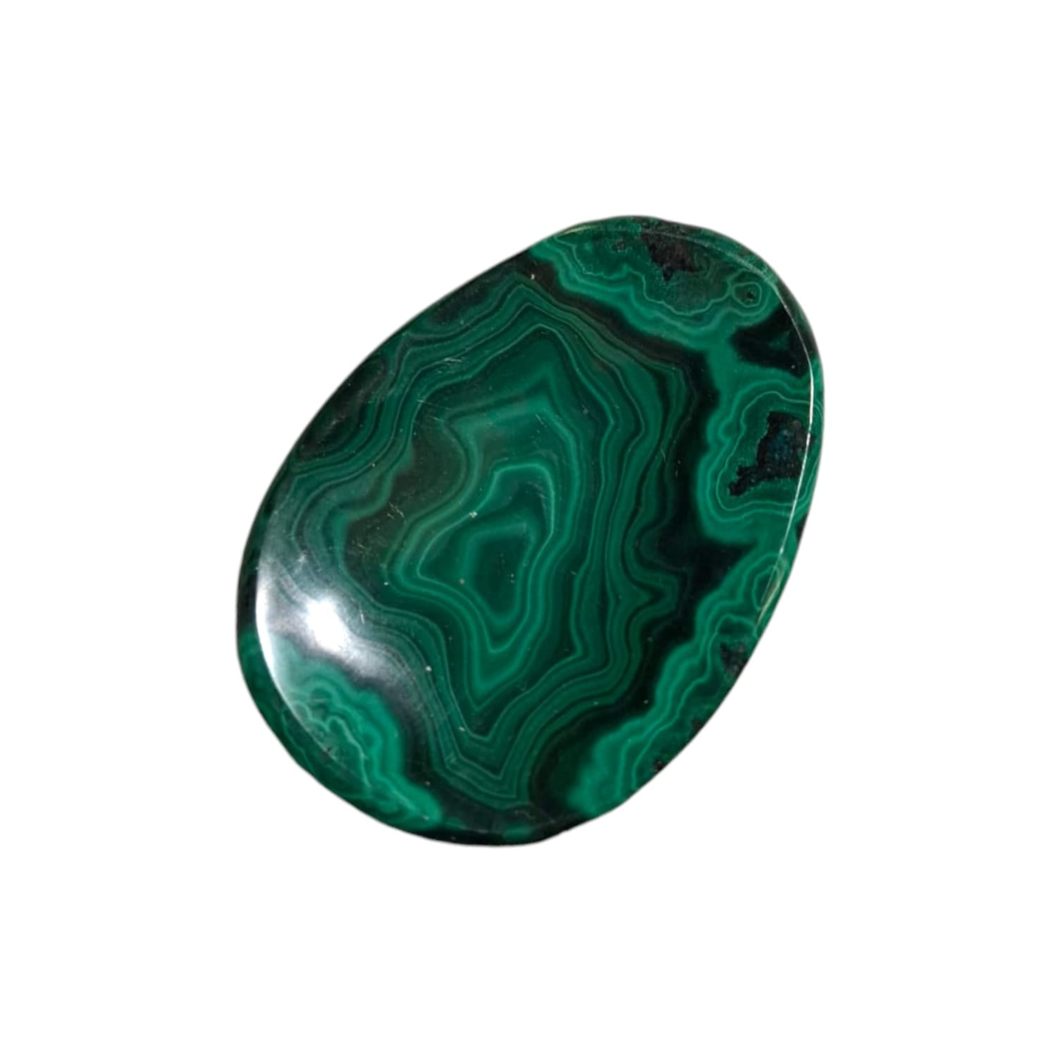 Malachite Worry Stone by GeoFossils – smooth, oval green stone with natural banding, perfect for protection, heart-centred healing, and connecting with the Heart Chakra, associated with the Earth element.