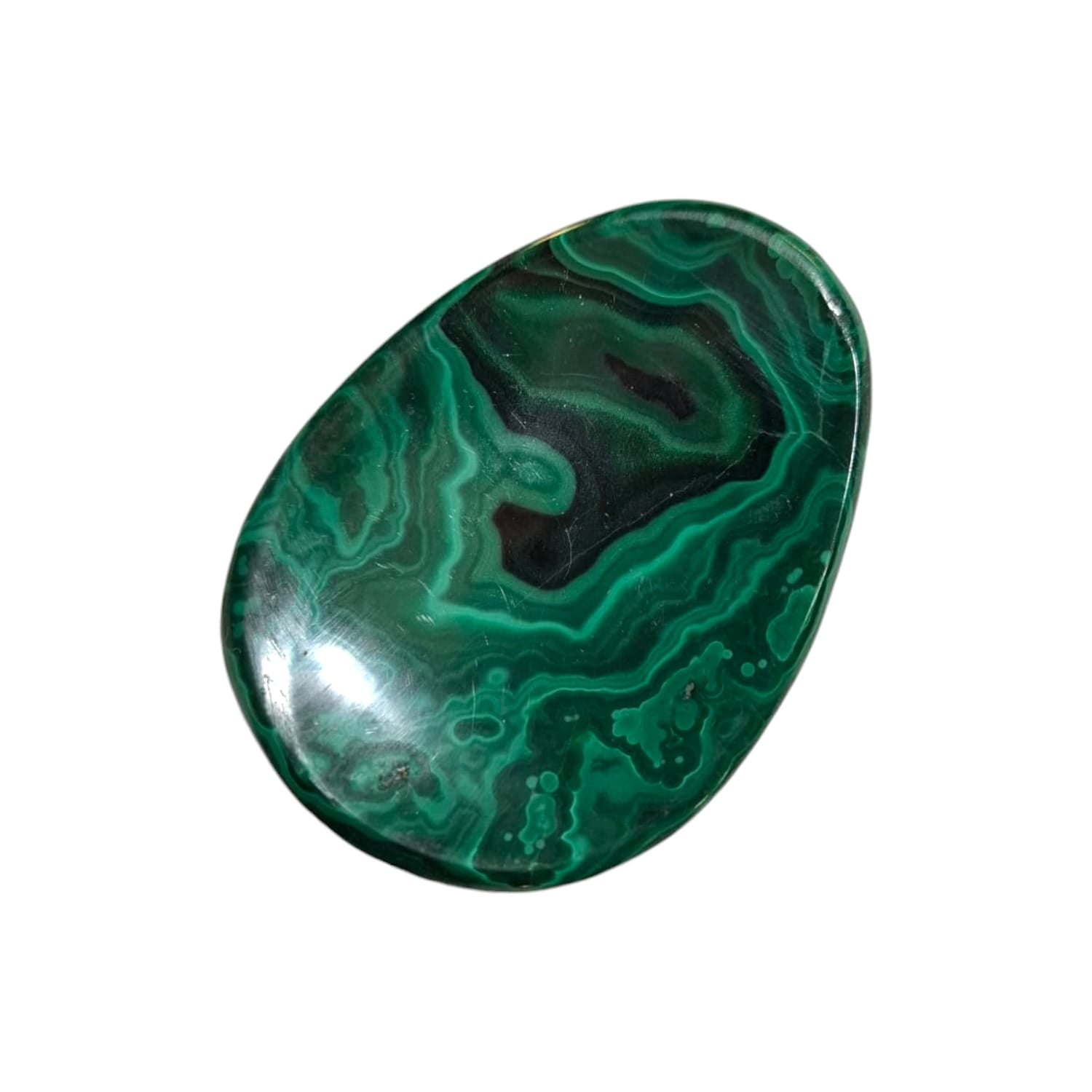 Malachite Worry Stone by GeoFossils – smooth, oval green stone with natural banding, perfect for protection, heart-centred healing, and connecting with the Heart Chakra, associated with the Earth element.