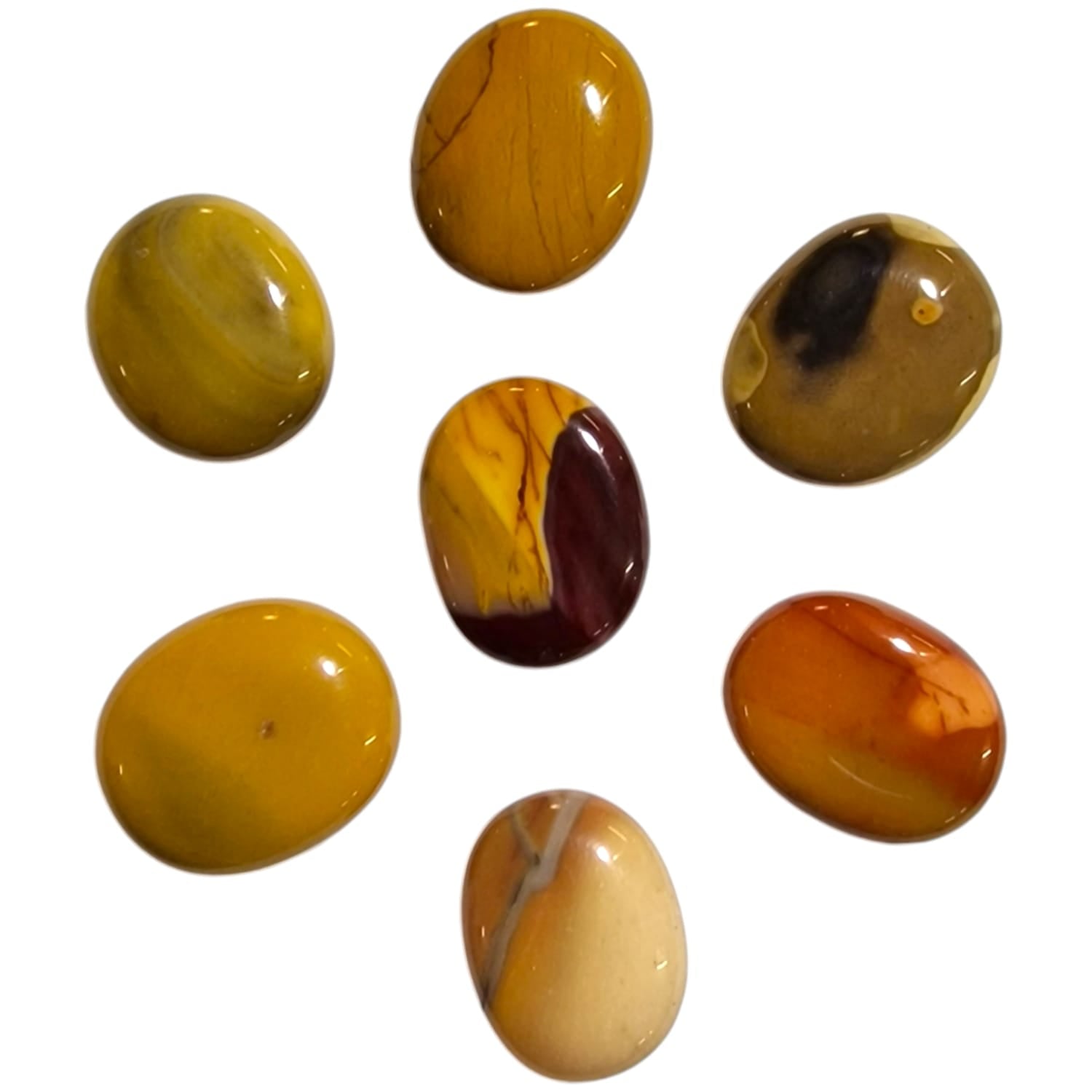 Mookaite Mini Oval by GeoFossils – smooth, multicoloured stone with rich shades of red, yellow, and cream, perfect for grounding, vitality, and connecting with the Root, Solar Plexus, and Sacral Chakras.