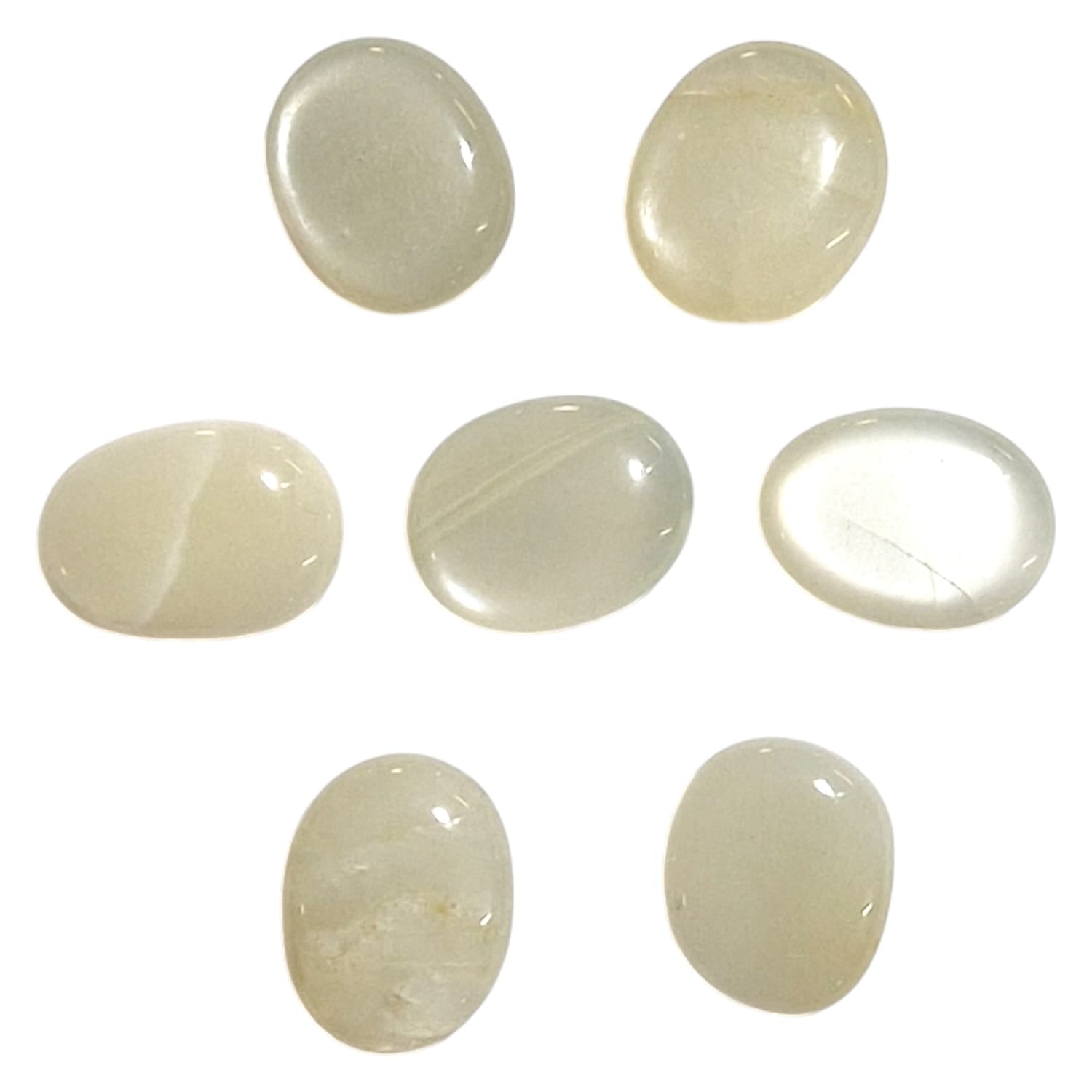 Pastel Moonstone Mini Oval by GeoFossils – smooth, iridescent stone with soft hues, perfect for emotional healing, intuition, and connecting with the Crown and Third Eye Chakras.