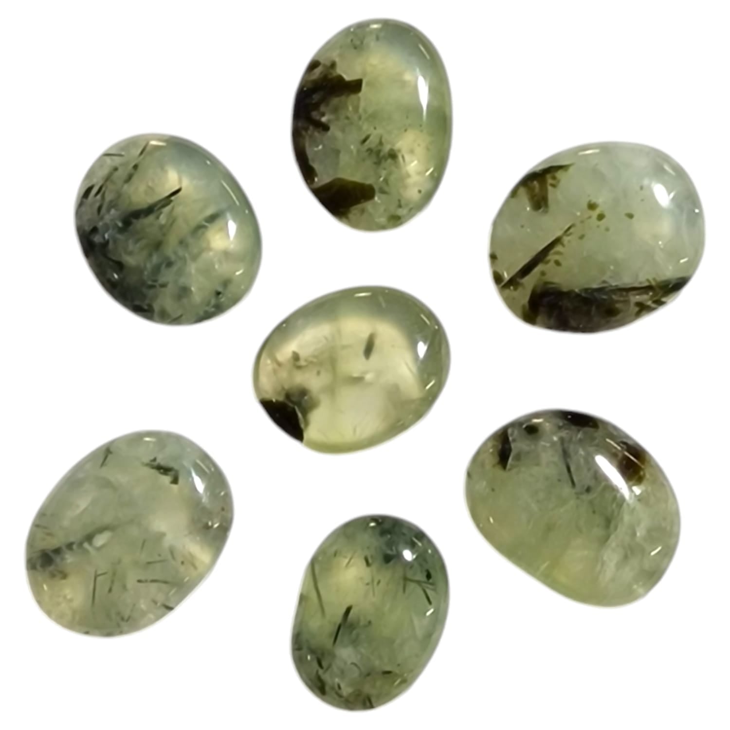 Prehnite with Epidote Mini Oval by GeoFossils – smooth green stone with dark inclusions, perfect for emotional healing, protection, and connecting with the Heart Chakra.