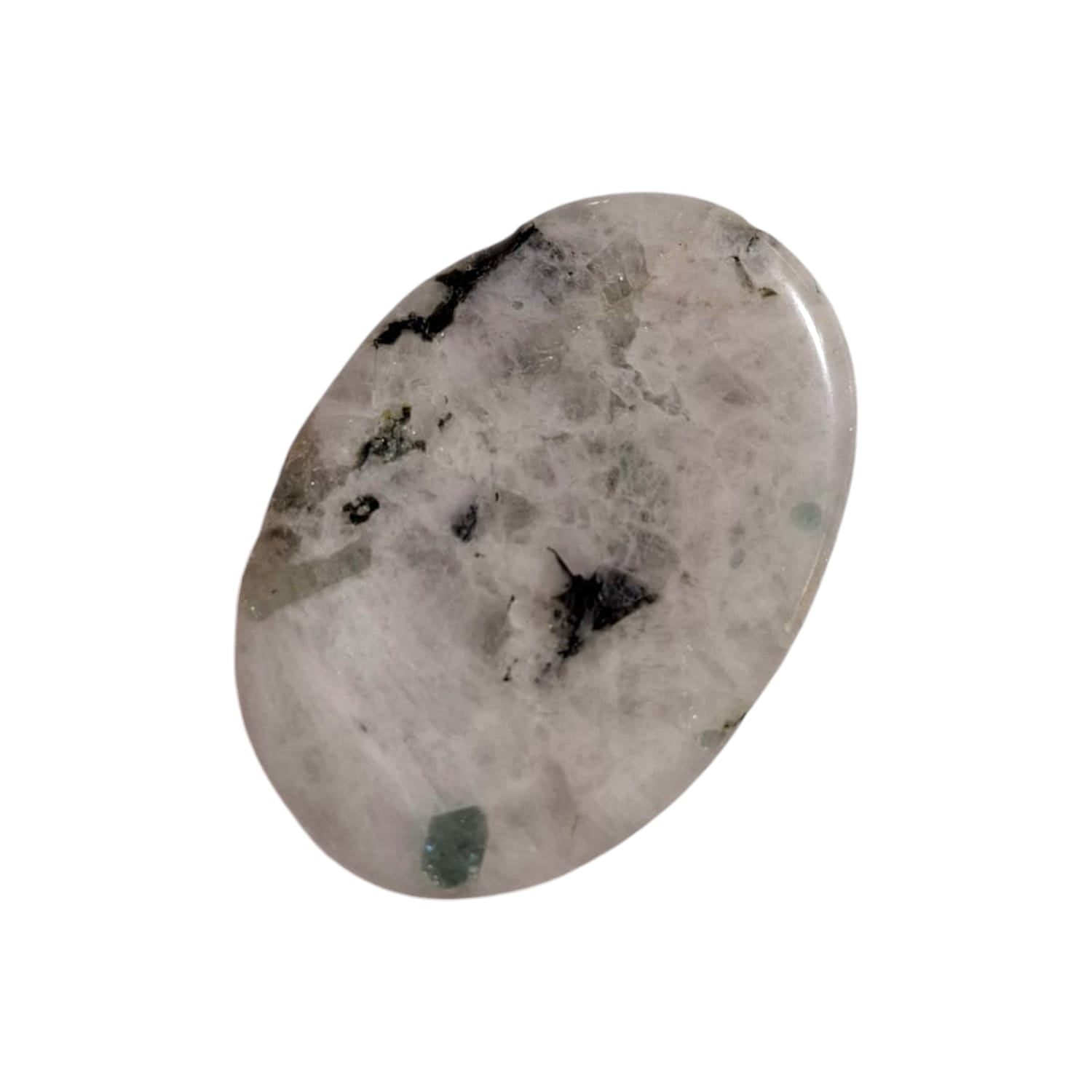 Rainbow Moonstone Worry Stone by GeoFossils – smooth, oval stone with a luminous, iridescent glow, perfect for enhancing intuition, emotional balance, and connecting with the Crown and Third Eye Chakras, associated with the Water element.