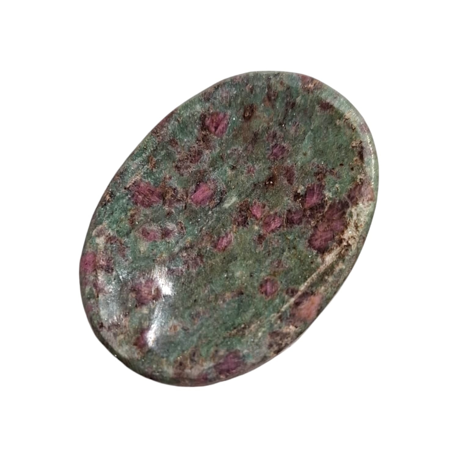 Ruby in Fuchsite Worry Stone by GeoFossils – smooth, oval stone with green and pink hues, perfect for enhancing love, emotional healing, and connecting with the Heart Chakra, associated with the Earth element.