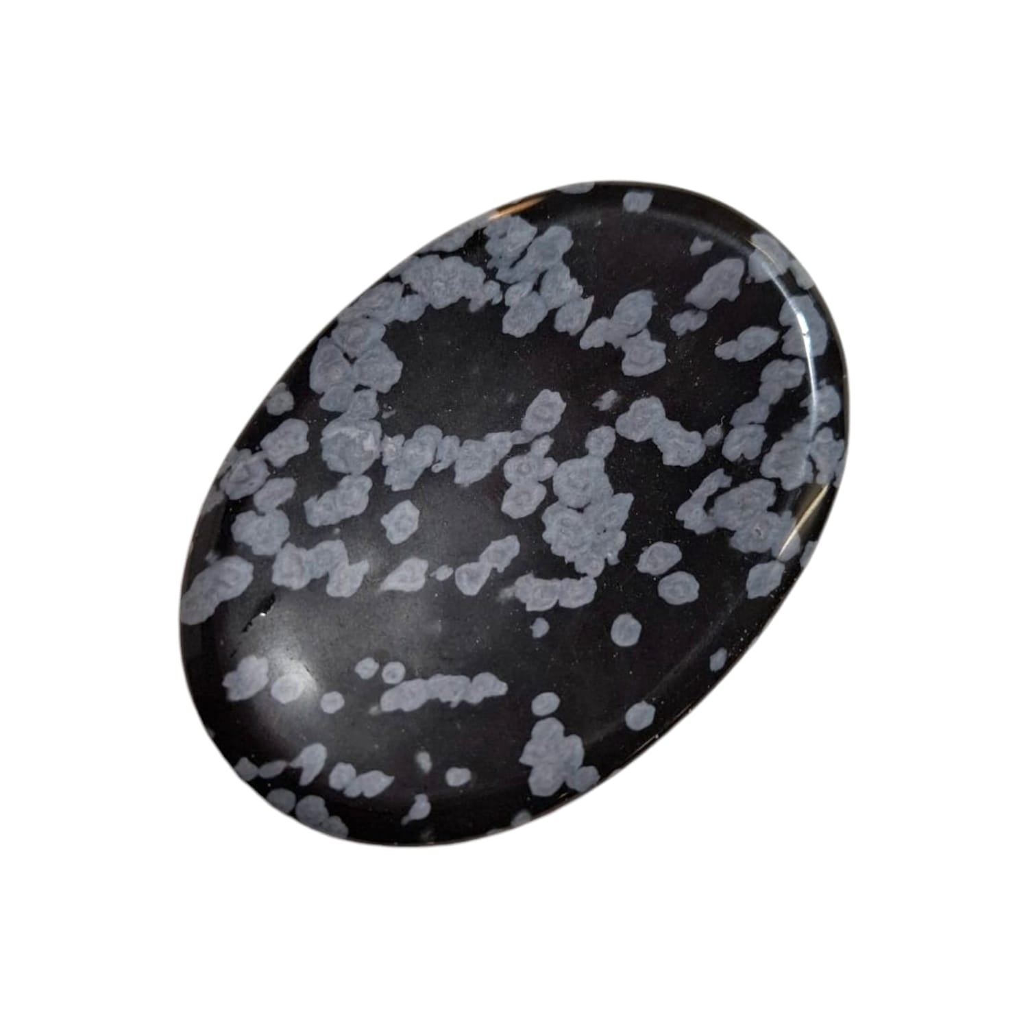 Snowflake Obsidian Worry Stone by GeoFossils – smooth, oval black stone with white snowflake-like patterns, perfect for grounding, protection, and connecting with the Root Chakra, associated with the Earth element.