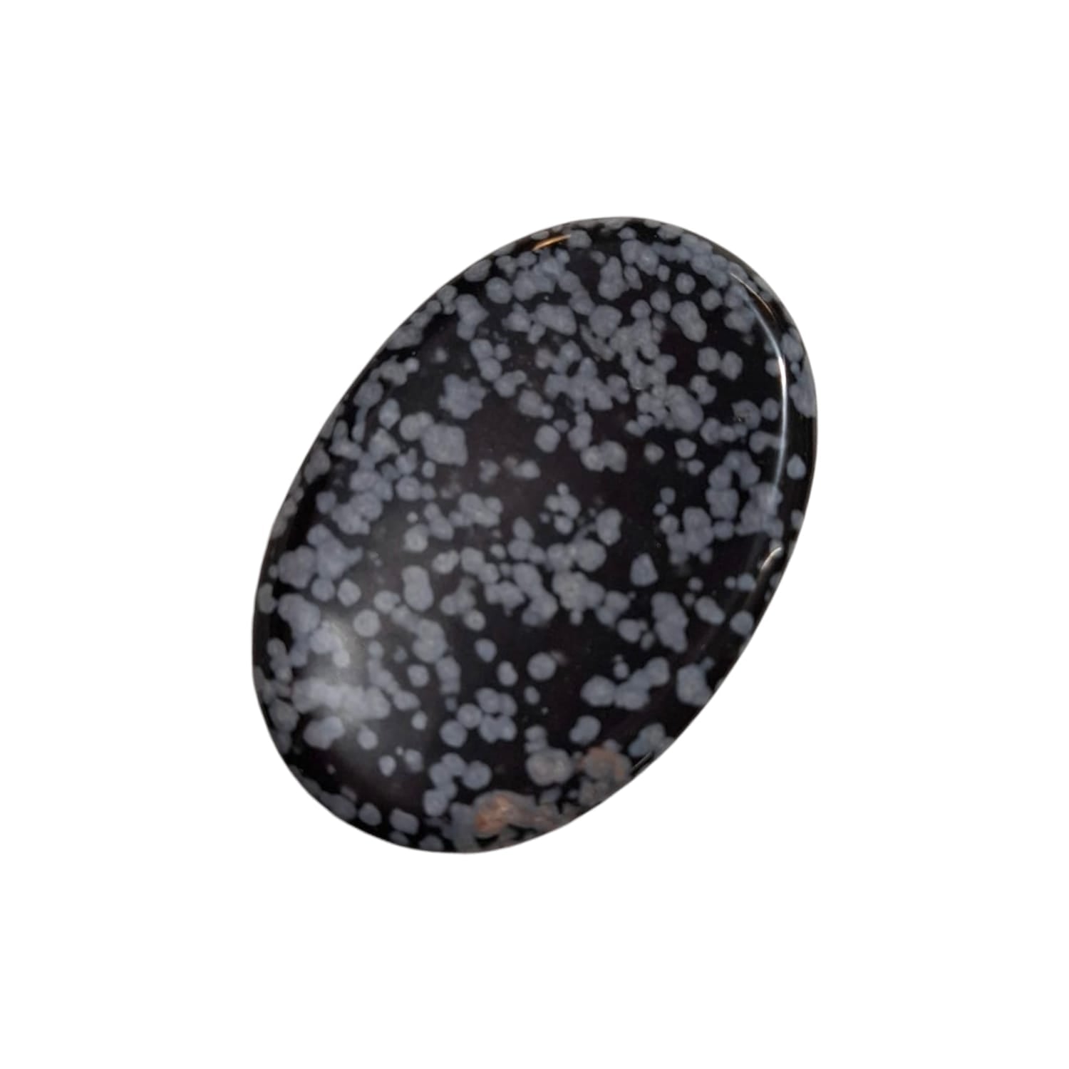 Snowflake Obsidian Worry Stone by GeoFossils – smooth, oval black stone with white snowflake-like patterns, perfect for grounding, protection, and connecting with the Root Chakra, associated with the Earth element.