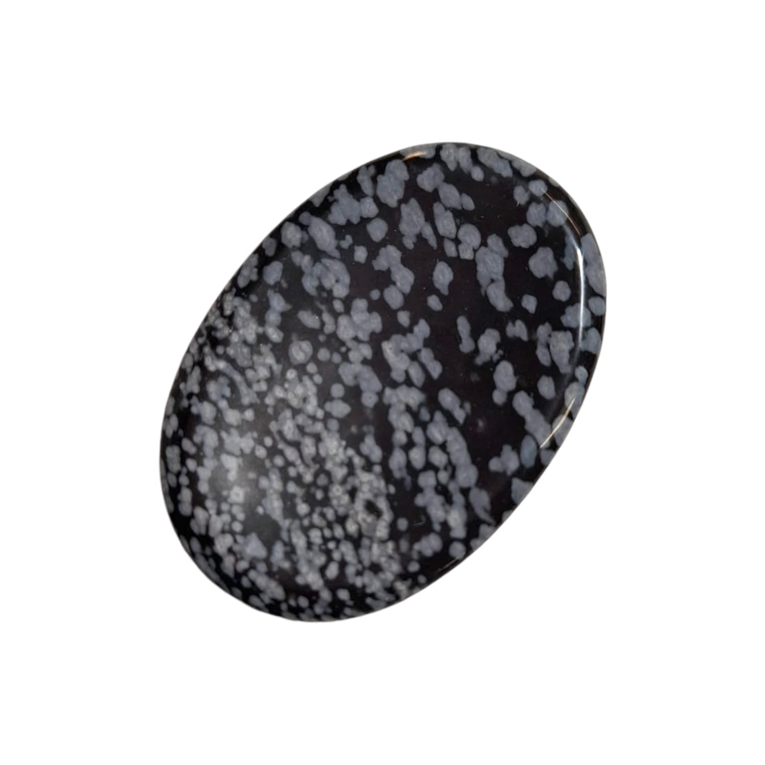 Snowflake Obsidian Worry Stone by GeoFossils – smooth, oval black stone with white snowflake-like patterns, perfect for grounding, protection, and connecting with the Root Chakra, associated with the Earth element.