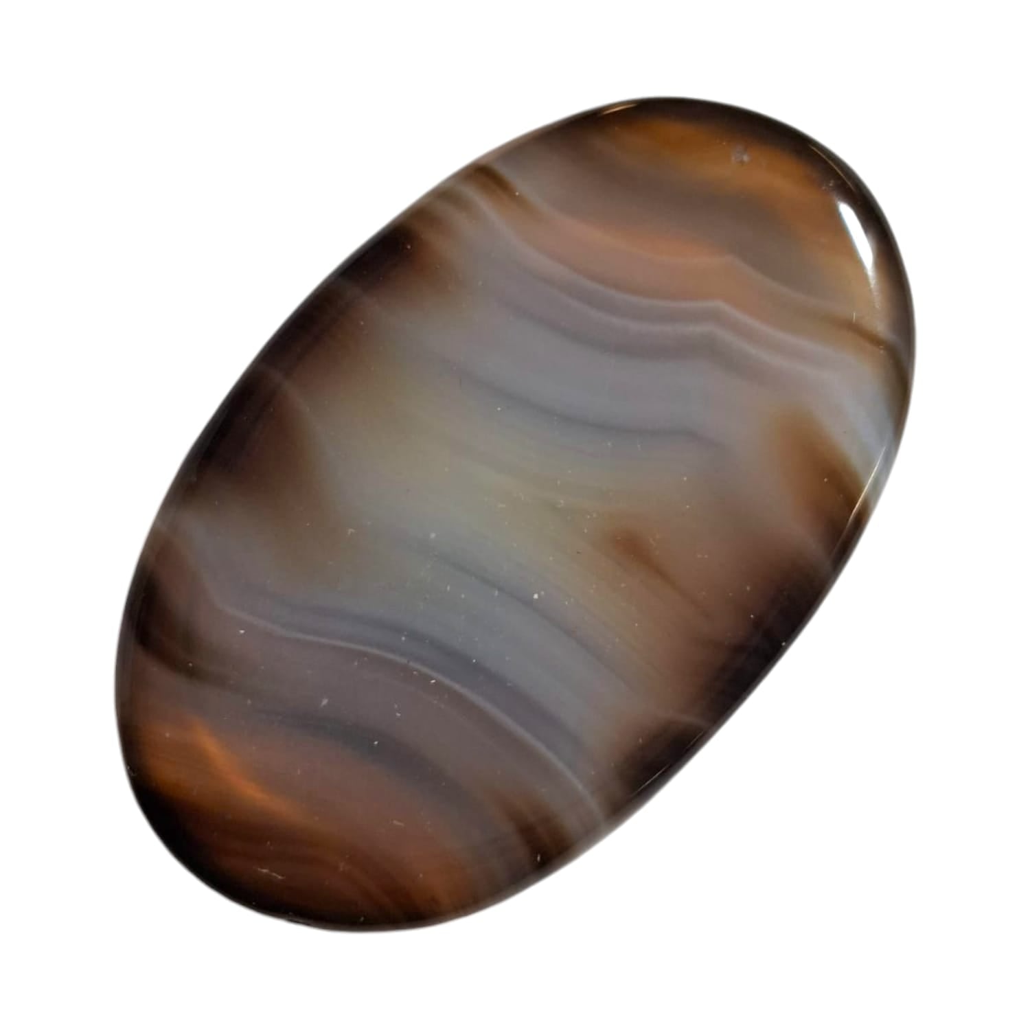 Suleiman Agate Worry Stone by GeoFossils – smooth, oval stone with natural bands of earthy tones, perfect for grounding, protection, and connecting with the Root and Third Eye Chakras, associated with the Earth element.