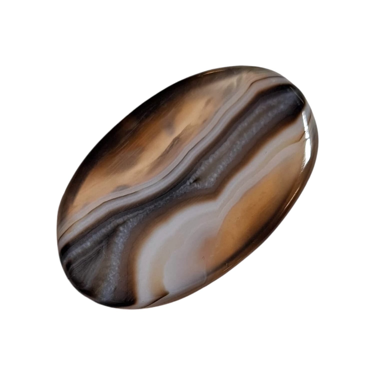 Suleiman Agate Worry Stone by GeoFossils – smooth, oval stone with natural bands of earthy tones, perfect for grounding, protection, and connecting with the Root and Third Eye Chakras, associated with the Earth element.