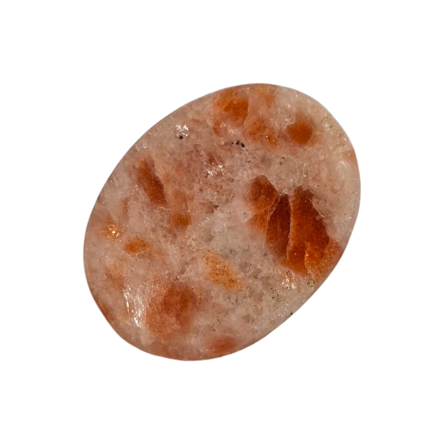 Sunstone Worry Stone by GeoFossils – smooth, oval stone with warm orange and golden hues, perfect for energising, enhancing confidence, and connecting with the Sacral and Solar Plexus Chakras, associated with the Fire element.