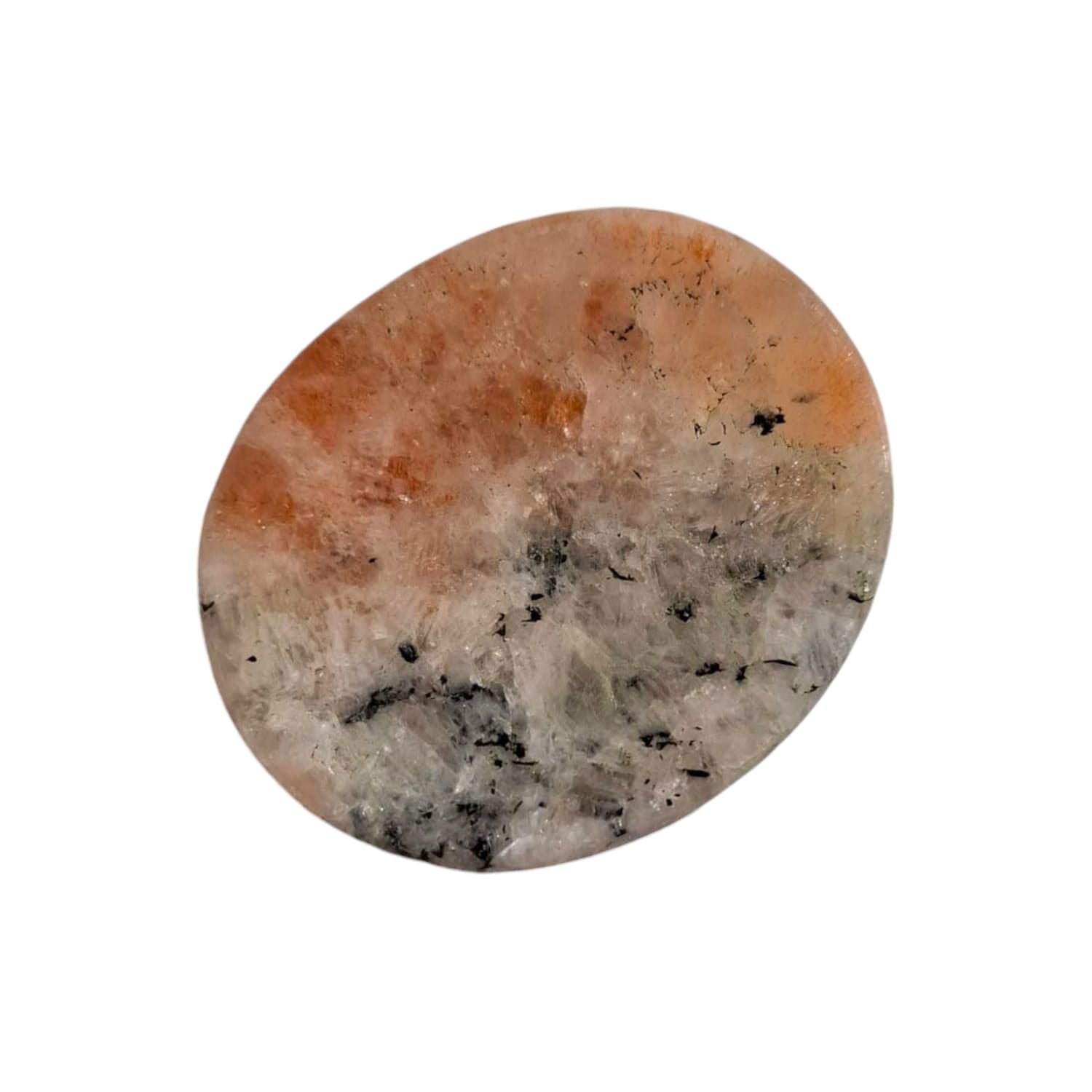 Sunstone Worry Stone by GeoFossils – smooth, oval stone with warm orange and golden hues, perfect for energising, enhancing confidence, and connecting with the Sacral and Solar Plexus Chakras, associated with the Fire element.