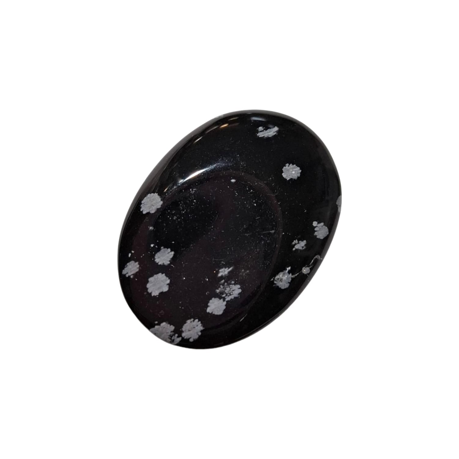 Snowflake Obsidian Thumb Stone by GeoFossils – smooth, black oval stone with natural white snowflake-like patterns, perfect for grounding, emotional balance, and connecting with the Root Chakra, associated with the Earth element.