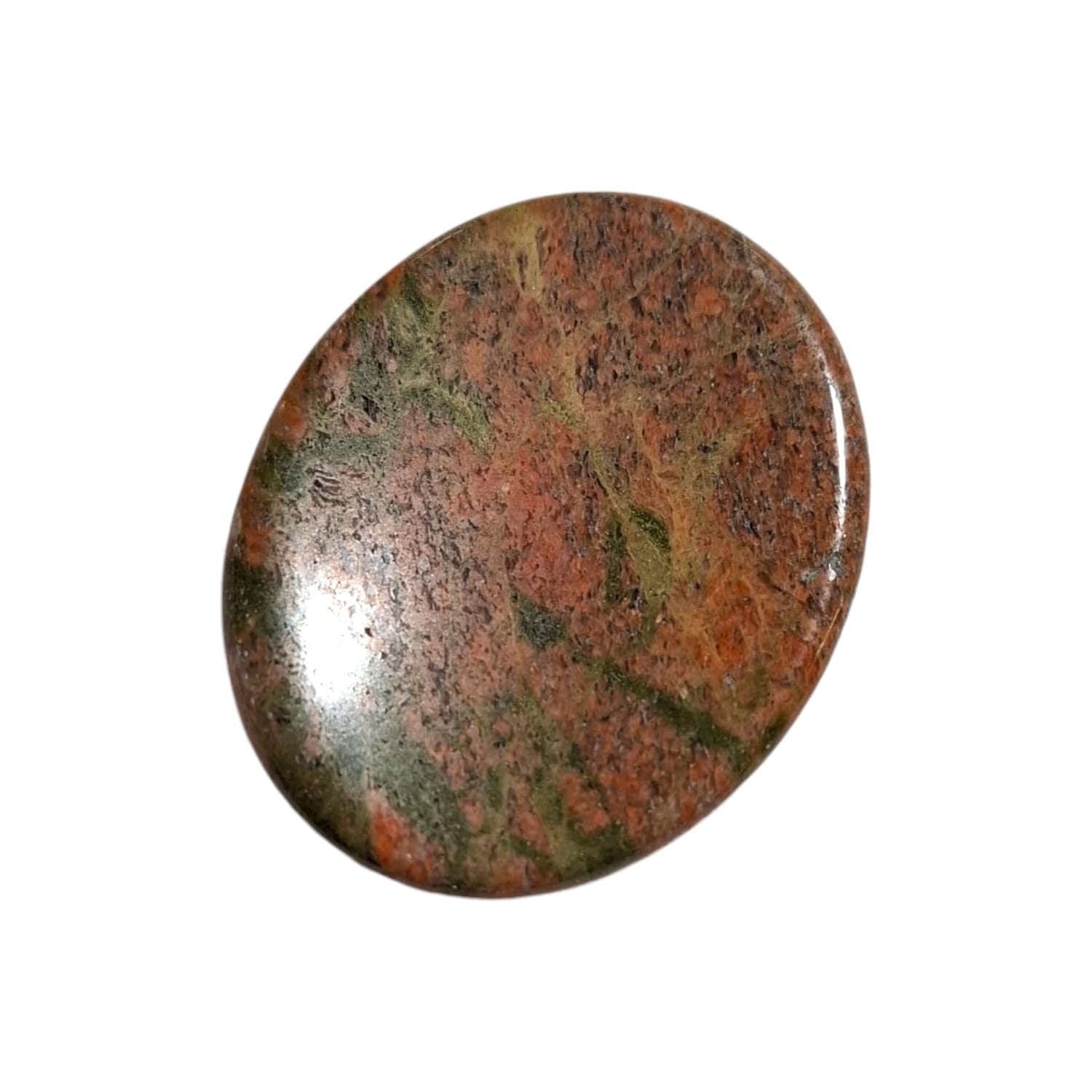 Unakite Worry Stone by GeoFossils – smooth, oval stone with natural green and pink tones, perfect for emotional healing, balance, and connecting with the Heart Chakra, associated with the Earth element.