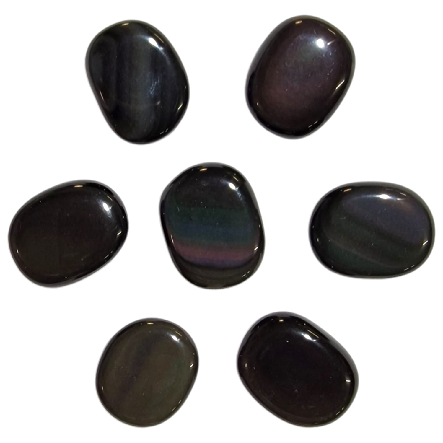 Rainbow Obsidian Mini Oval by GeoFossils – smooth, black stone with flashes of iridescent colours, perfect for emotional healing, protection, and connecting with the Root and Heart Chakras.