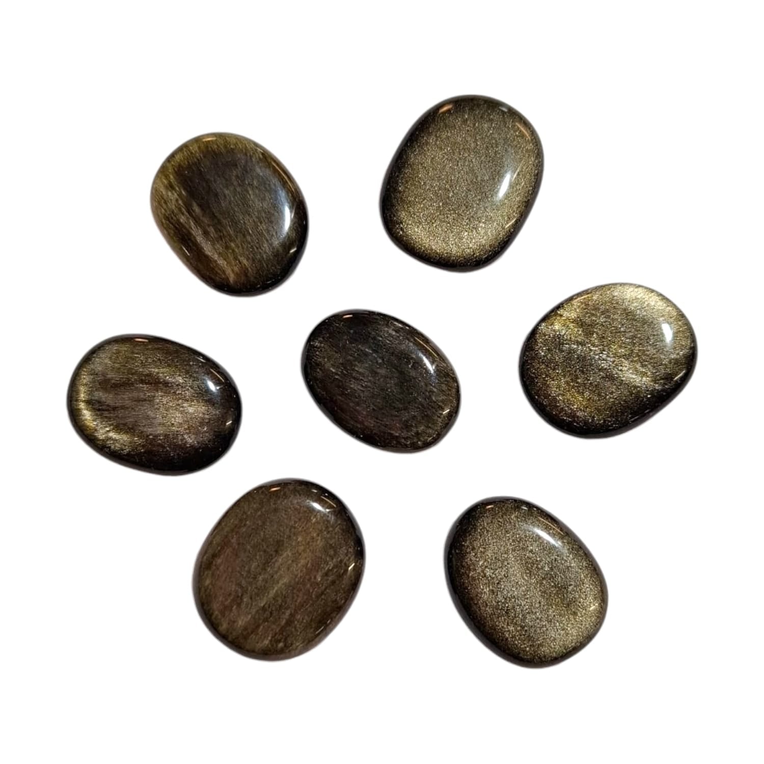 Gold Sheen Obsidian Mini Oval by GeoFossils – smooth, black stone with a shimmering gold sheen, perfect for grounding, protection, and connecting with the Root and Solar Plexus Chakras.