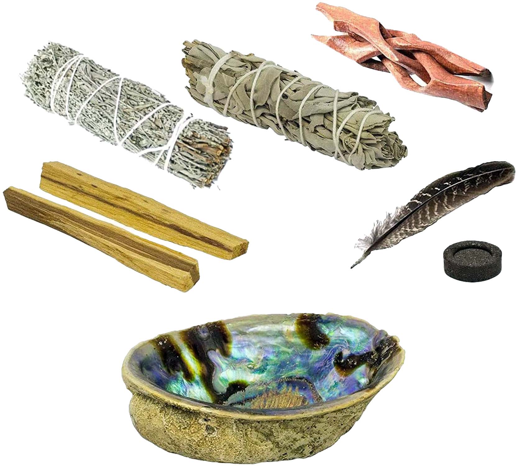 Apache 8pc Smudge Kit featuring White California Sage, Blue Sage, Palo Santo sticks, an Abalone Shell, a Feather, Rosewood Cobra Stand, and a Charcoal Disc. Ideal for cleansing, healing, and protecting your space or crystals, presented with eco-friendly packaging.